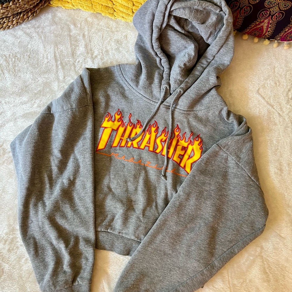 Thrasher Heather Gray Crop Hoodie with Classic Flame Logo